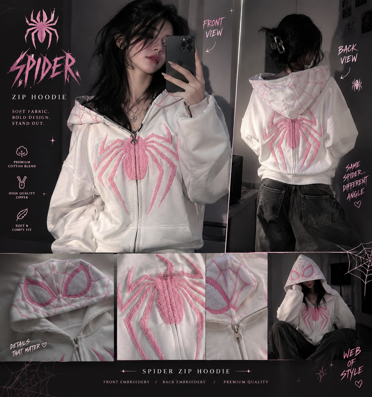 Oversized Pink Web Zip Hoodie