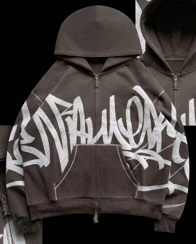 Dark Brown Graffiti Embroidered Zip Hoodie