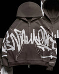 Dark Brown Graffiti Embroidered Zip Hoodie