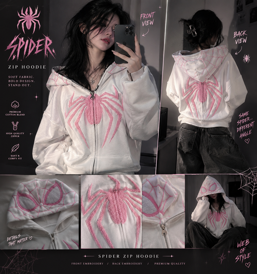 Oversized Pink Web Zip Hoodie