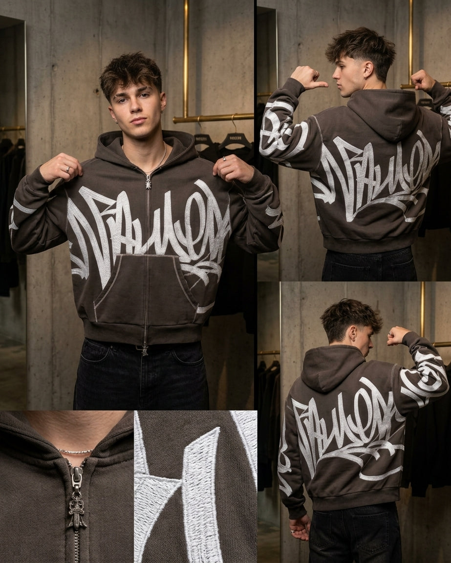 Dark Brown Graffiti Embroidered Zip Hoodie