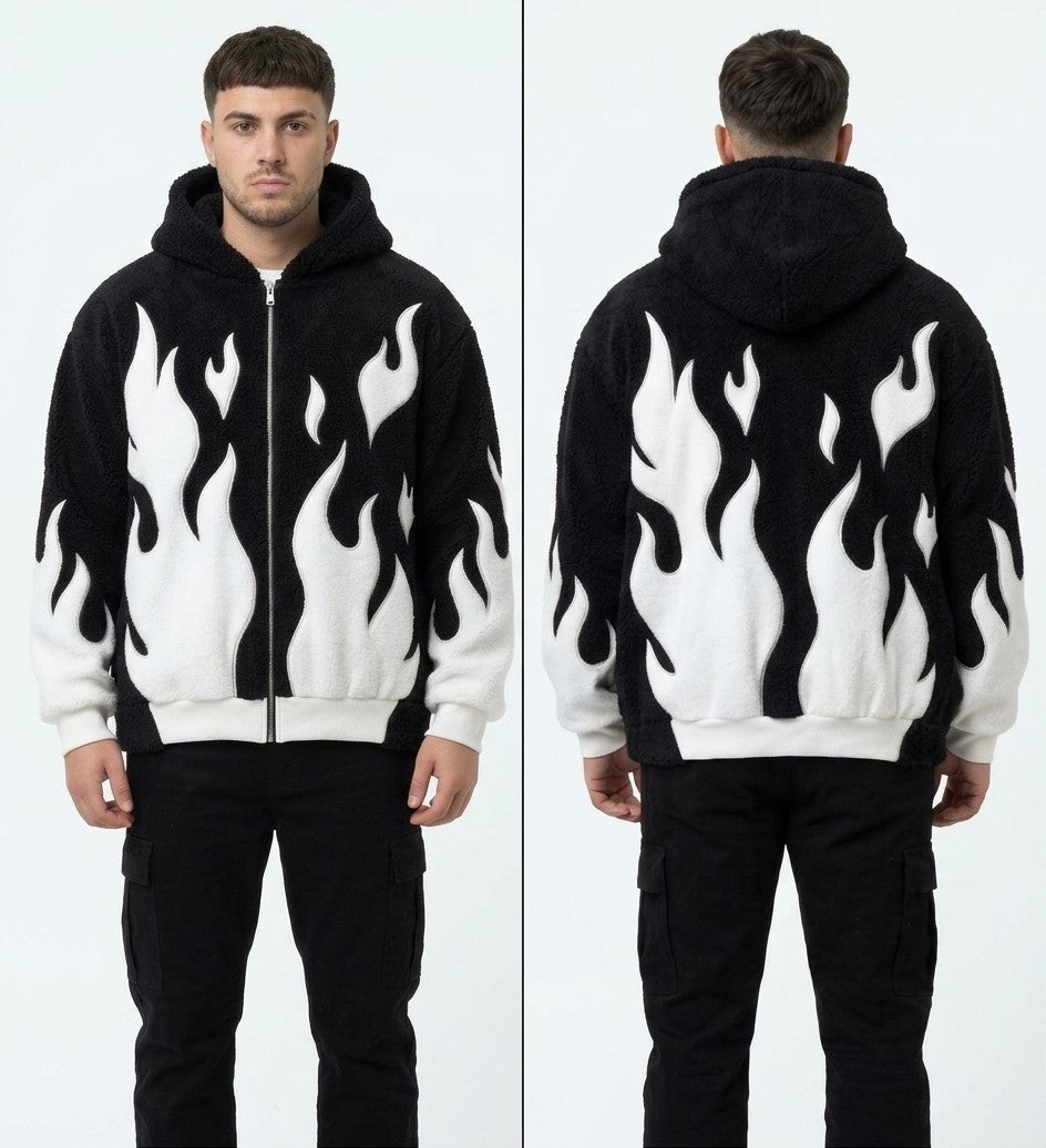 Oversized Flame Sherpa Fleece Zip Hoodie