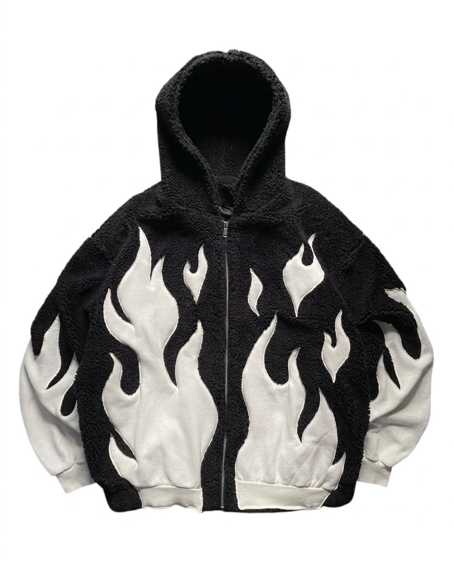 Oversized Flame Sherpa Fleece Zip Hoodie