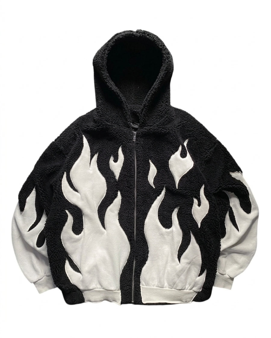 Oversized Flame Sherpa Fleece Zip Hoodie