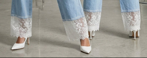 Lace Hem High-Waisted Wide Leg Jeans