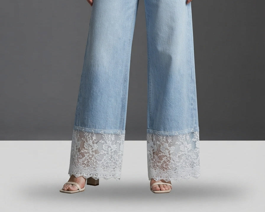 Lace Hem High-Waisted Wide Leg Jeans